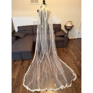 Vintage House of Bianchi Wedding Veil Lace Trim Cathedral Bridal Tulle 100" long